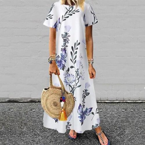 2021 Bohemian Dress Women Short Sleeve Floral Printed Long Maxi Sundress O Neck Casual Loose Party Beach Robe