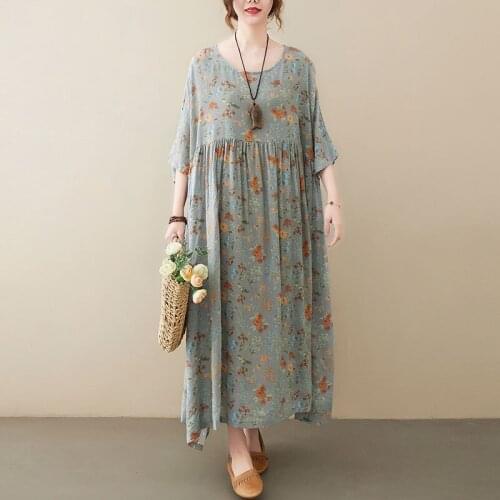 Oversized Women Cotton Linen Casual Dress New Arrival 2021 Summer Vintage Style Floral Print Loose Female Long Dresses S3902