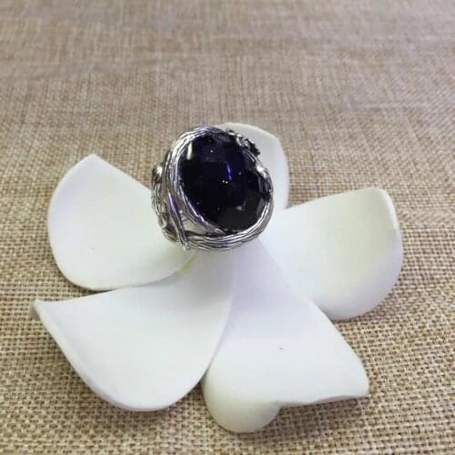S925 Sterling Silver Retro Thai Silver Inlaid Blue Sand Stone Branches Flowers Open Ended Exquisite Female Ring