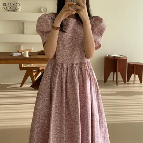 Floral Printing Summer Dress 2021 Korean High Waist Party Dresses Short Sleeve Gentle Pleated Clothing Loose Robe Femme 15038