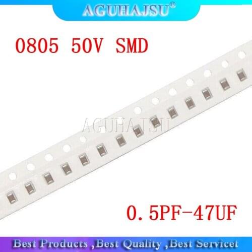 100pcs 0805 50V SMD Thick Film Chip Multilayer Ceramic Capacitor 0.5pF-47uF 10NF 100NF 1UF 2.2UF 4.7UF 10UF 1PF SMD capacitance