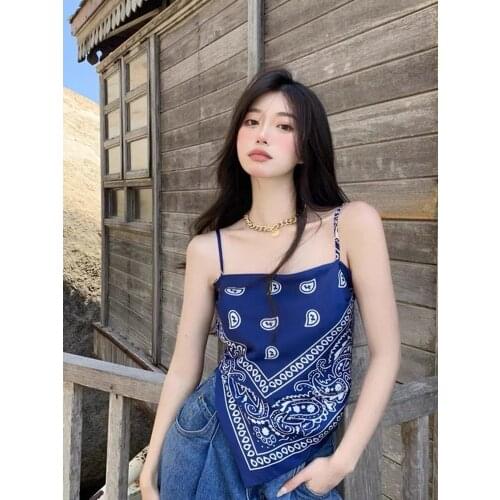 Cyber Y2k Asymmetrical Printing Halter Bandana Top Sexy Backless Cropped Lace Up Bandeau Tank Top Summer Clothes For Women 2021