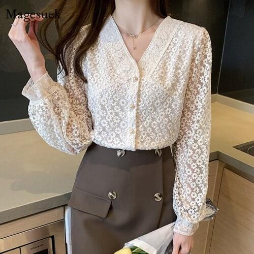 Embroidered Lace Mesh Plus Size Blouse 2021 Spring Korean V-Neck Elegant Women Tops Long Sleeve Lace Floral Buttons Shirt 13967