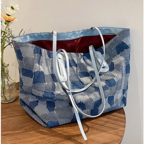 Large Denim Shoulder Bags for Women 2021 New Large Capacity Jeans Tote Bag Beggar Lattice Ladies Handbags Simple Shopper Bag Sac