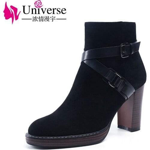 Mature Plus Size 34-41 Round Toe Kid Suede Ankle Boots Universe Handmade Short Plush Lined Women Black Heels 9cm Winter H183