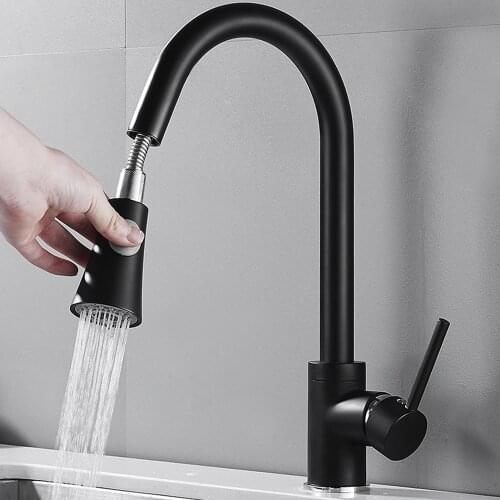 Black Kitchen Faucet Two Function Single Handle Pull Out Mixer Hot and Cold Water Taps 360 Degree Rotation Deck Mounted Sink Tap