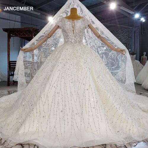 HTL2177 White Transparent Lace Bridal Wedding Dress Deep V-neck Sexy Women Applique Flowers Print Sequined Striped Wedding Gown