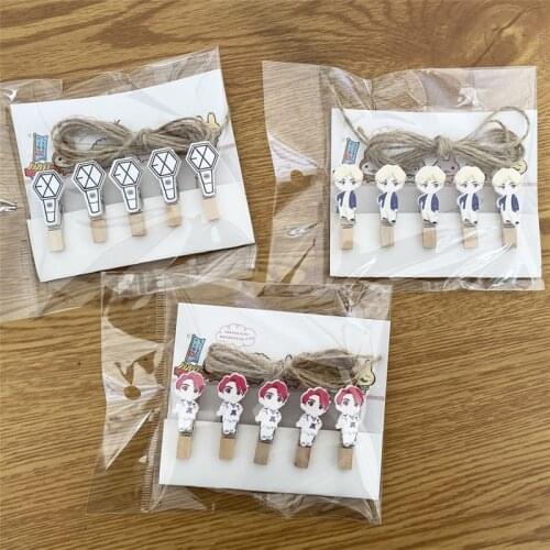 Kpop Bangtan Boys JK EXO GOT7 SEVENTEEN IZONE TWICE NCT TXT X1 Wooden Clip Photo Paper Craft DIY Clips With Hemp Rope