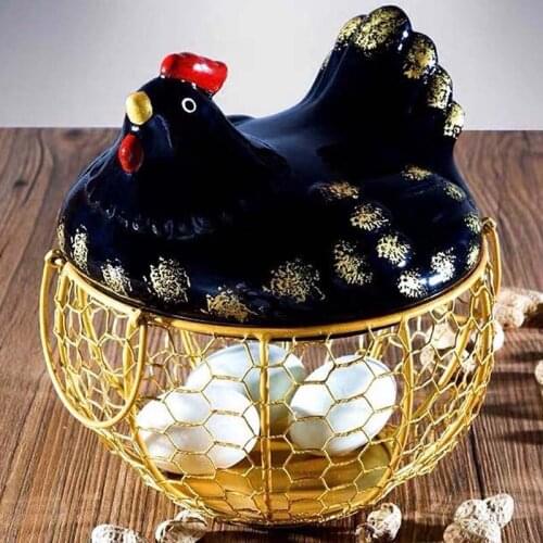 Creative Chicken Egg Basket Home Fruit Baskets Oraments Kitchen Hand-Painted Ceramic Iron Mesh Storage Container with Handle