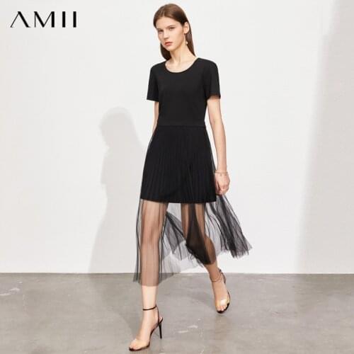 Amii Minimalism Summer Women Dresses Offical Lady Patchwork Mesh Black Dress For Women Casual High Waist Pleated Dress 12140482