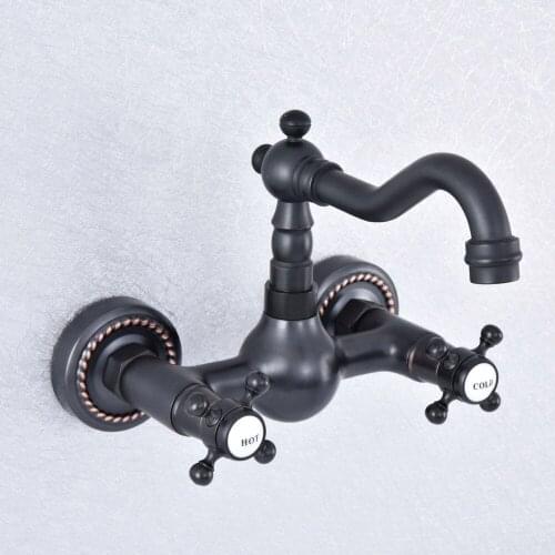 Oil Rubbed Bronze Swivel Spout Kitchen Sink Faucet / Wall Mounted Dual Cross Handles Bathroom Basin Mixer Taps Nsf720