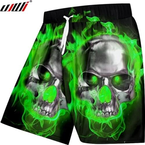 UJWI Man Hip Hop Green Flame Skulls Beach Shorts 3D Printed Street Clothing Mens Personality Punk Rock Big Size 5XL