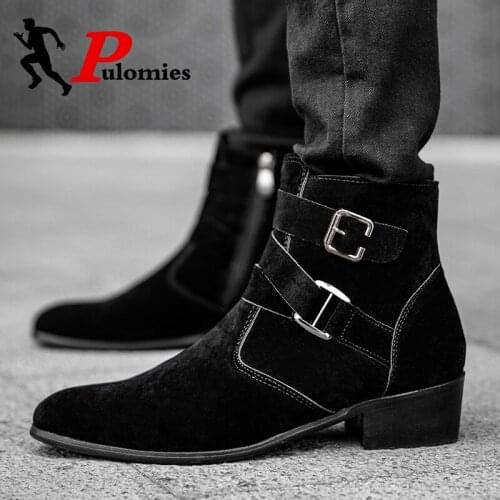 Men Western Suede Ankle Boots Pointed Toe Dress Shoes Brogue Buckle Zip Strap Flats Male Casual Shoes Footwear Nightclub Boots