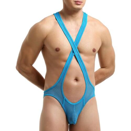 Mens Lingerie Wrestling Singlet Bodysuit Front Bulge Pouch Sheer Mesh Jockstrap Racer Back Crisscross Erotic Sexy Underwear