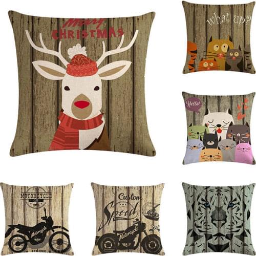 Cartoon elk cat head cushion cover retro motorcycle throw pillow cover linen linen car chair sofa home decoration 45x45cm
