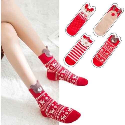 4 Pairs Christmas Woman Socks Funny Cartoon Santa Claus Christmas Tree Kawaii Cartoon Animal Girl New Year Gift Cute Warm Socks