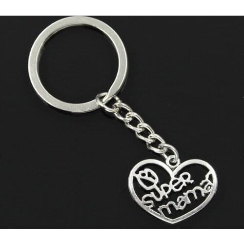 New Fashion Men 30mm Keychain DIY Metal Holder Chain Vintage Heart Super Mama 20x26mm Silver Color Pendant Gift