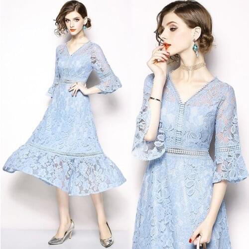 New 2019 Womens Fashion Spring European Style Ladies V-neck Lace Long Plus Elegant Dress