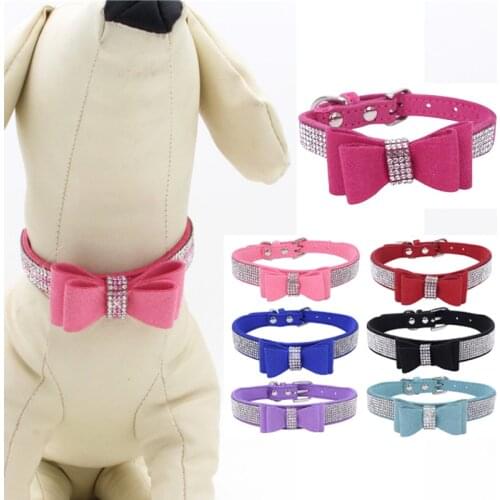 Pet Dog Collar Crysta Harnesses Full Rhinestone Soft Seude Leather Dog Collar Bling Padded Bow Knot Puppy Cat Pet For Breeds