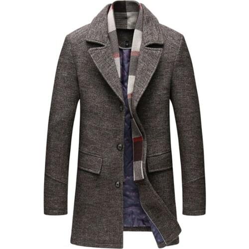 Dropshipping Newest British Style Wool Blends Jacket Men Winter Thick Woolen Coat Detachable Scarf Long Trench Coat Men Overcoat