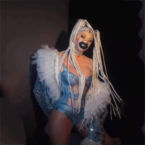 Sexy Women Gogo Party Show Nightclub Bar Costumes Full Rhinestone Printed Denim Yarn Jacket Hip-Hop Costumes Rave Outfits XS1669