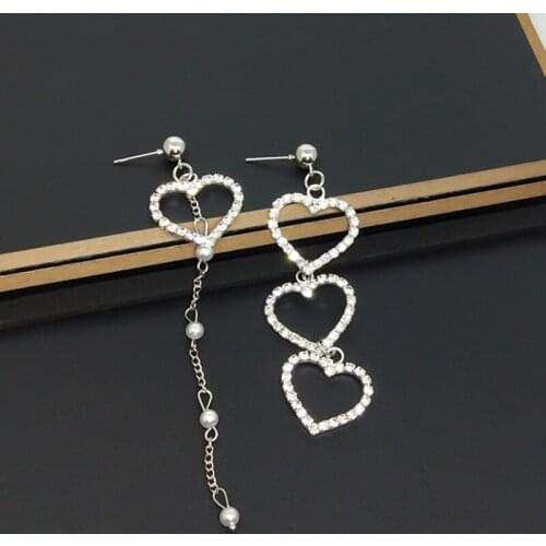 Korean Asymmetric Heart-shaped Earrings Simple Wild Rhinestone Pearl Chain Earrings Party Jewelry Gift Long Earrings Brincos