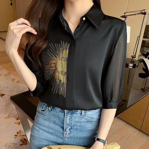 Chikichi Embroidery Short Sleeve Chiffon Top Black Shirt Summer New 5-sleeve Shirt Fashion Plus Size Women Shirts Blouses
