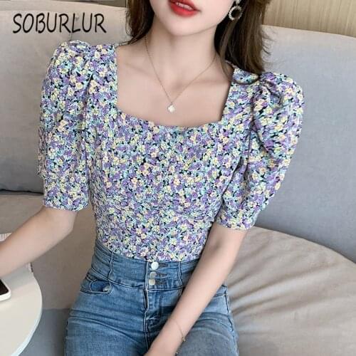 SOBURLUR Summer Basic Womens T-shirts Flower Tunics Crop Top Woman Clothing Lace Up Bow Short Sleeve T shirt Casual LGirls Lady