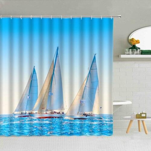 Water Sports Ocean Scenery Shower Curtains Sailboat Ship Sea Sailing Waterproof Bath Curtains Bathroom Bathtub Decor Screen Set