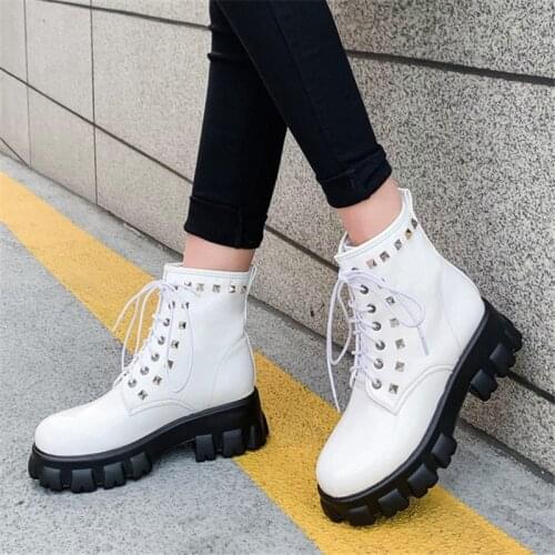 PXELENA Platform Chunky Block High Heels Shoes Rivet Boots Women Lace Up Punk Gothic Military Combat Boots Large Size 45