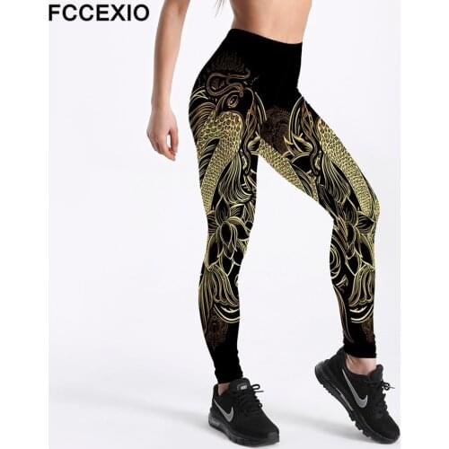 FCCEXIO 2019 Women Leggings Soft Elastic Workout Push Up Pants Gold Loong Printed Fitness Leggings Plus Size Trousers 3D Pants