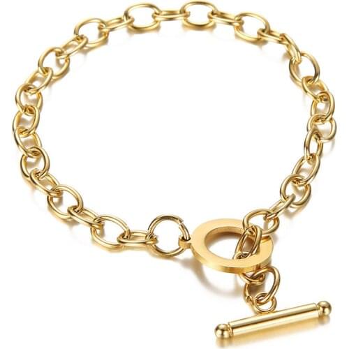 Stainless Steel Chain Bracelet Gold Color Chunky Link Bracelets for Women Vintage OT Clasp Femme Pulseras Jewelry