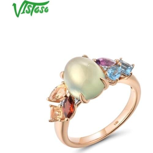VISTOSO Genuine 14K 585 Rose Gold Sparkling Diamond Fancy Citrine Amethyst Peridot Blue Topaz Lady Ring Anniversary Fine Jewelry