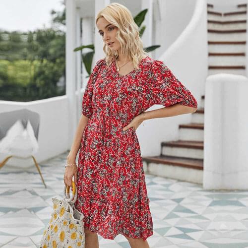 Ladies Summer Print Casual Dress Women 2021 New V-neck Half Sleeve High Waist Knee-length Dress