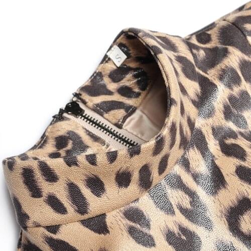 Sexy Vintage Stand Collar Long Sleeve Leopard Print PU Leather Dress Women Zipper Back Slim Bodycon Spring Autumn Pencil Dresses