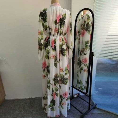 Autumn Fashion Runway Women Bow Collar Sleeve Chiffon Rose Flower Print Vintage Lady Long Dress Vestidos