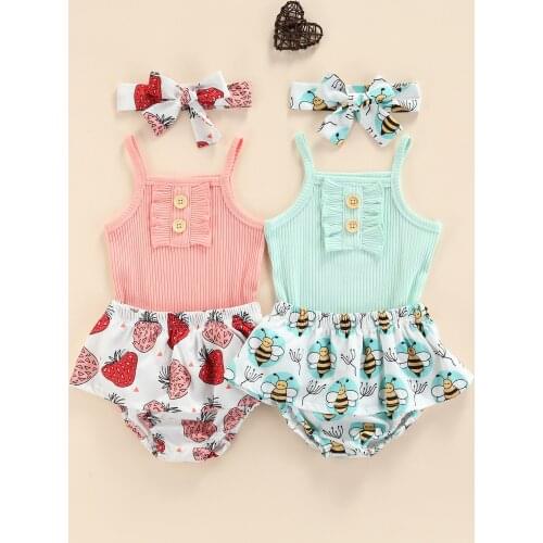 Toddler Baby Girls Lovely 2Pcs Outfits Clothes Ribbed Sleeveless Romper+Printed Ruffle Shorts+Headband Newborn Kids Outwear