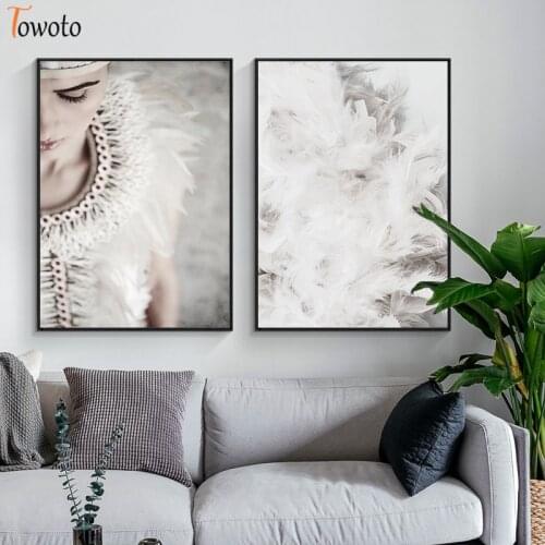 Abstract Wall Art Painting Modern Poster Print Woman White Feather Nordic Decoration Canvas Picture for Living Room Home Design