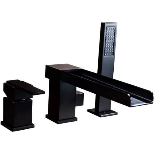 Free ship 3 Holes widespread Waterfall Spout Mixer Tub shower Filler Faucet with Handshower Black color