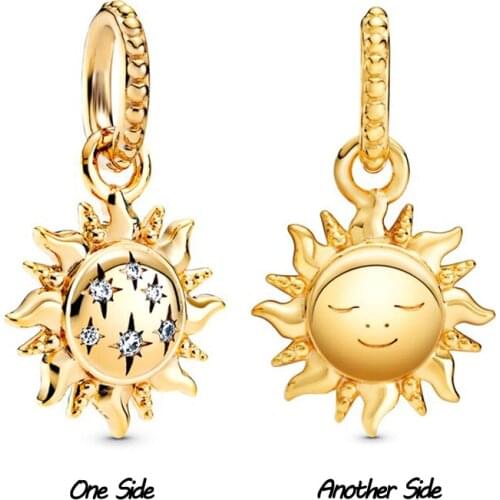 Bohemia Golden Sun Flower Pendant Fit Original Pandora Charms Bracelet Women Clear CZ Star Smile Gold Sunshine Beads DIY Jewelry