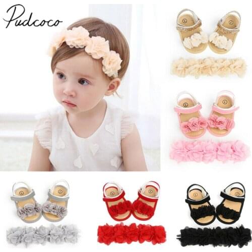 2020 Baby Summer Clothing Newborn Kid Baby Girl Flower Sandals Shoes Soft Sole Hook Casual Summer Shoes +Headband 2Pcs Solid Set