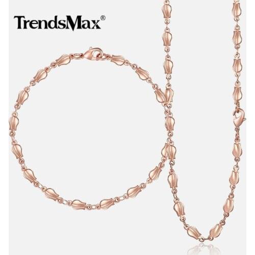 Trendsmax 4mm Jewelry Set for Women 585 Rose Gold Necklace Bracelet Bud Link Chain Womens Fashion Jewelry Gift for Women GS256