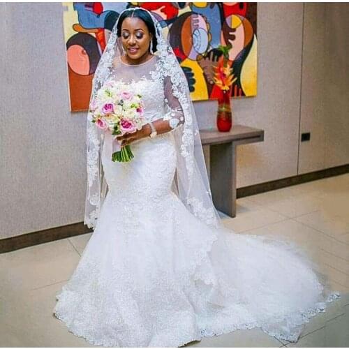 Lace Wedding Dresses Long Sleeves Mermaid Illusion Jewel Neck Plus Size Bridal Gowns Vintage African Girls Wedding Wear Custom