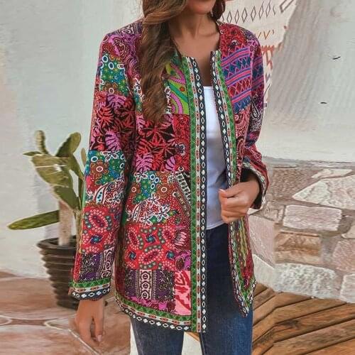 Women Ethnic Floral Print Open Stitch Jacket Fashion Autumn Winter O Neck Long Sleeve Loose Coat Chic Female Top Plus Size L-6XL