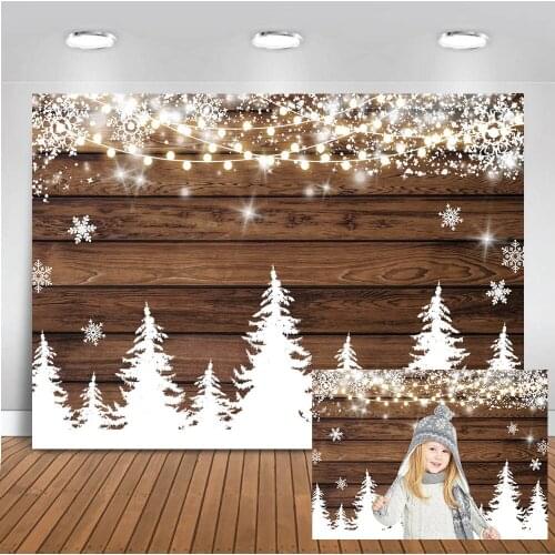 MOCSICKA Happy Christmas Winter Photo Background Rustic Wood Floor Snowy Forest Photography Backdrop White Snowflake Photcall