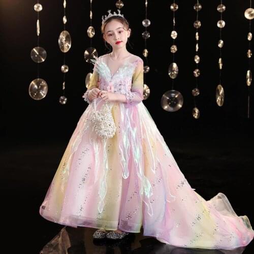 2021 New Exquisite Appliques Design Children Girls Luxury Birthday Ceremony Evening Party Princess Ball Gown Dress L1155