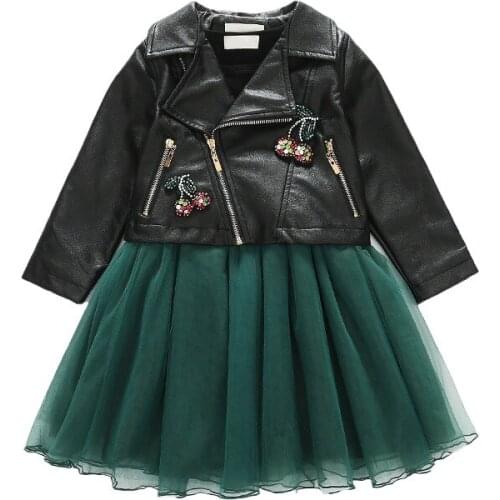 Girls fall outfits kid clothes autumn 2019 fashion girls leather jackets + long-sleeved dress 2 pcs set children clothes 3-13Y