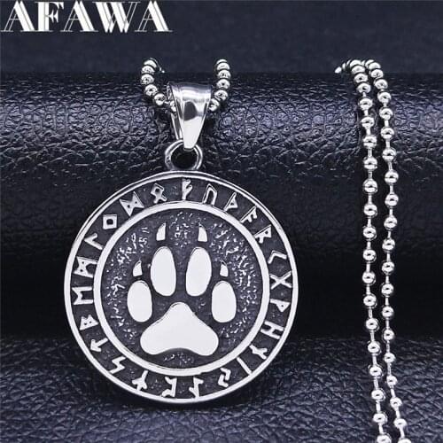 Rune Alphabet Viking Wolf Paw Stainless Steel Choker Necklace Men Silver Color Round Jewelry joyeria acero inoxidable NZZ185S02