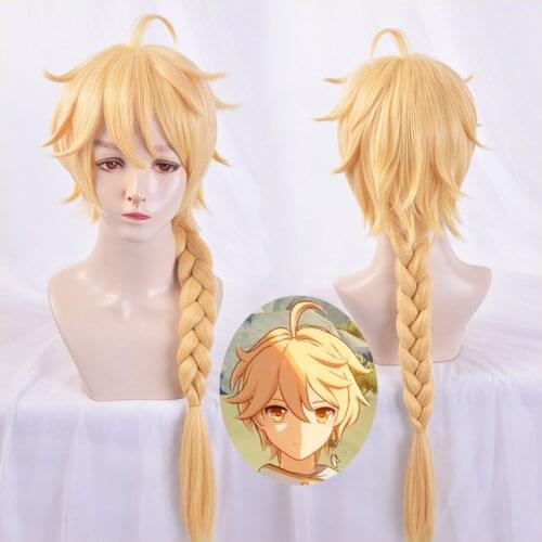 Genshin Impact Traveler Aether Wig Cosplay Blonde Long Braids Heat Resistant Hair Adult Halloween Role Play