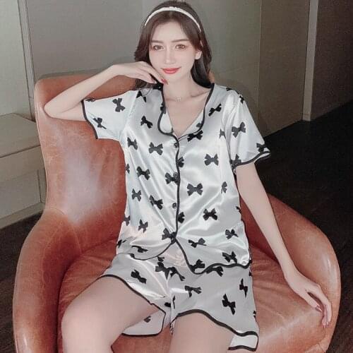 Summer Thin Ice Silk Women Pajamas Sets Sexy Pure Color Turn-down Collar Short Sleeve Sleepwear Kawaii Black Bows Girl Nightwear